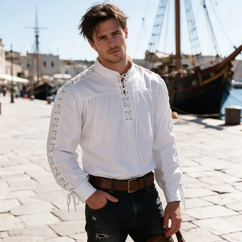 Medieval Gothic Lace Up Pirate Shirt - Men Medieval Pirate Shirt Full Sleeve