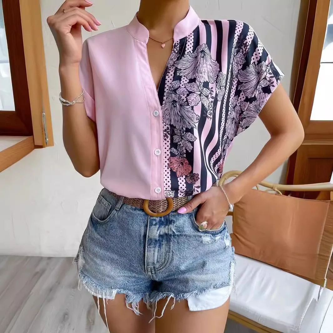 Shirts - Elegant Fashion Striped Floral Print V-Neck